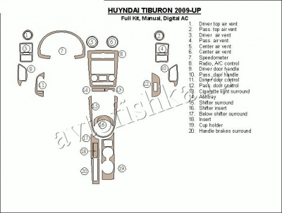 Декоративные накладки салона Hyundai Tiburon 2009-н.в. Full Kir, Механическая коробка передач, авто AC
